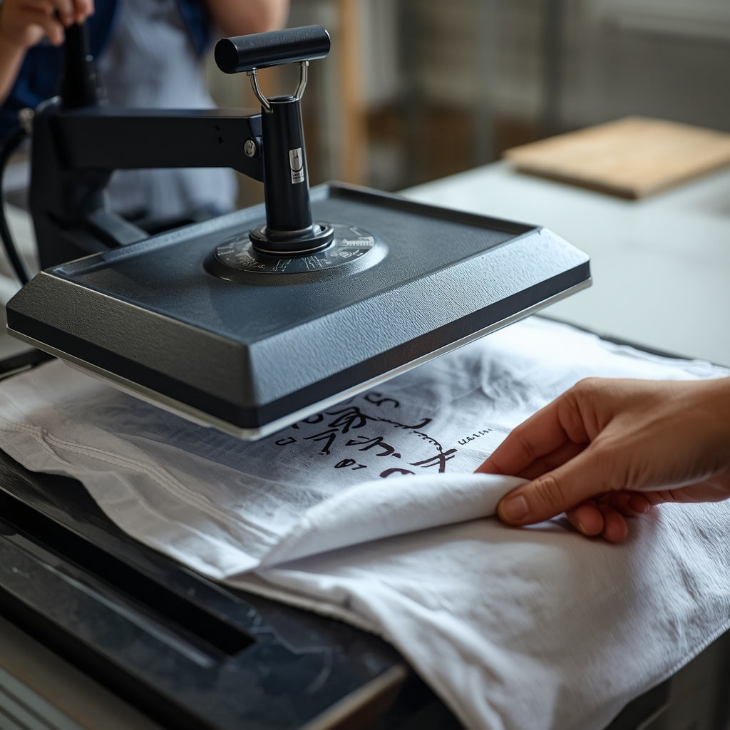 FabricForge DTF transfer mid-press onto a garment