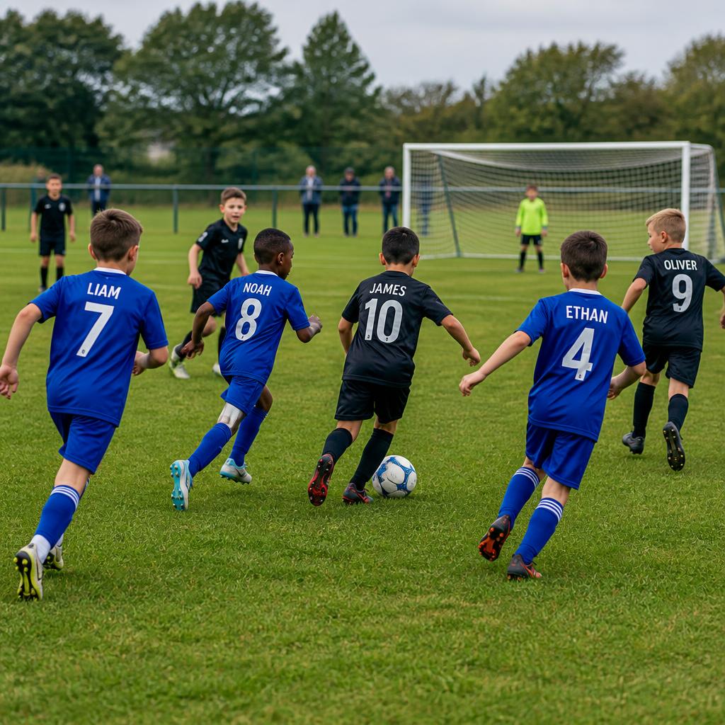 Children playing football wearing shirts personalised with their names and numbers